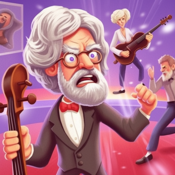 Studying music as a mnemonic device means becoming a little obsessive about the details. Depicted here is a mad music scientist holding a violin as other musicians clutch their violins to them and run.